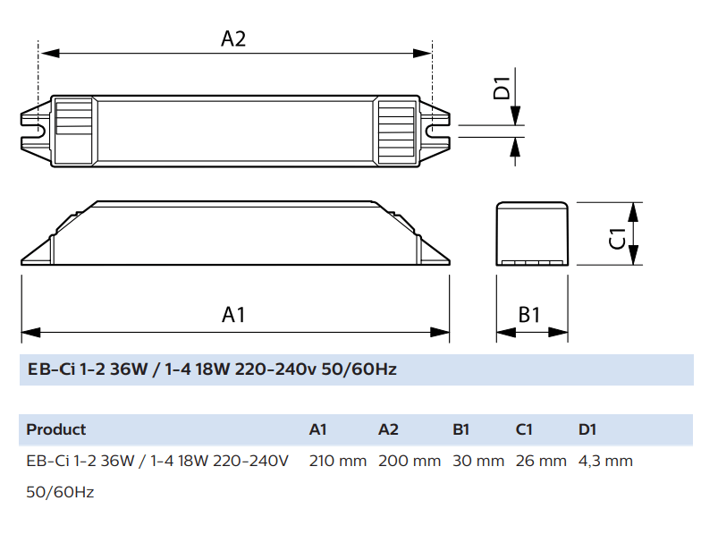 Kích thước Ballast / tăng phô/ Chấn lưu điện tử bóng đèn huỳnh quang Philisp EB-Ci 1-2 36W / 1-4 18W 220-240v 50/60Hz